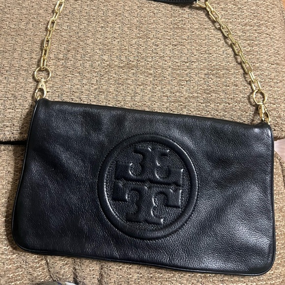 Tory Burch Bombe Reva Clutch Black Leather Gold Chain. Vintage - Picture 2 of 5